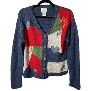 Vintage Susan Bristol Casuals Knit  Floral Patchwork Heart Cardigan Granny Style
